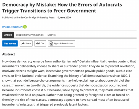 The abstract of article "Democracy by Mistake", by Daniel Treisman