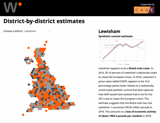 Screenshot of the https://www.brexitcost.org interactive website that showcases districts and regions and provides estimates of the economic damage that Brexit had on their region.