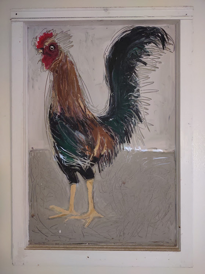 Photo: Rooster painted on the glass of a salvaged sash window. The rooster has a red comb and wattle and brown and green feathers on the neck, body and tail. It is strutting on long yellow legs. The window frame is also the picture frame and is painted white. Artist: Mary DeWitt, circa 2002.