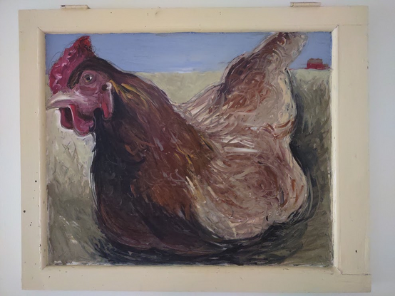 Photo: Hen painted on the glass of a salvaged sash window. The hen has a red comb and wattle and brown feathers. It seems to be roosting. In the distance, on the horizon, is a barn or farmhouse. The window frame is also the picture frame and is painted light beige. Artist: Mary DeWitt, circa 2002.