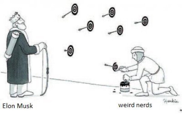 King Elon Musk looks on as a weird nerd paints targets around his wildly shot arrows.