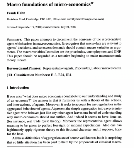 abstract for paper "Macro foundations of micro-economics", written with a chainsaw by Frank Hahn