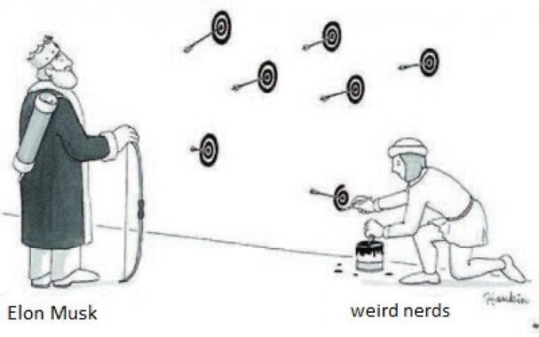 King Musk, bow in hand, watches as a weird nerd paints bullseye targets under the arrows has fired haphazardly into the wall. 

